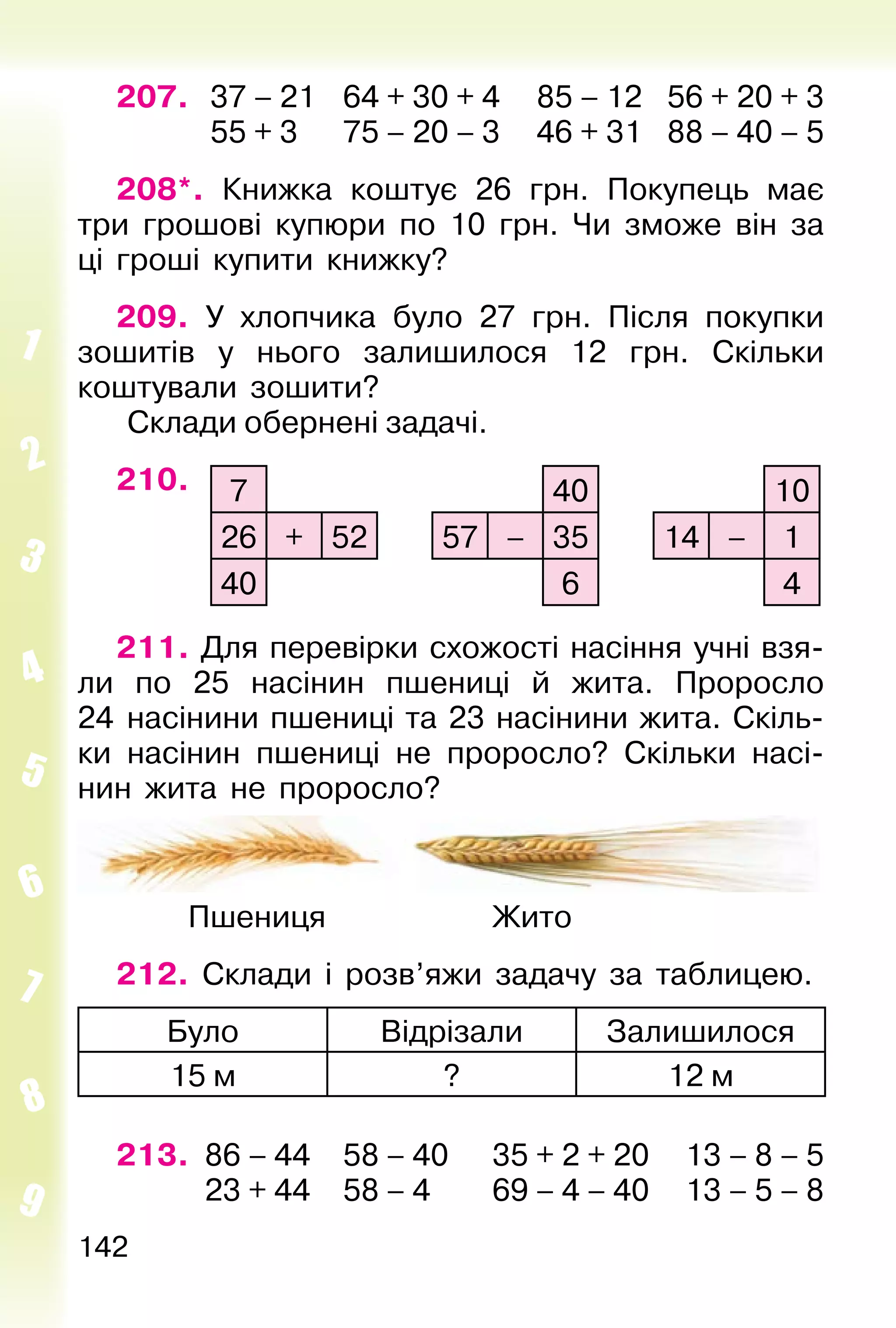 142
207. 37 – 21 64 + 30 + 4 85 – 12 56 + 20 + 3
55 + 3 75 – 20 – 3 46 + 31 88 – 40 – 5
208*. Книжка коштує 26 грн. Покупець має
три грошові купюри по 10 грн. Чи зможе він за
ці гроші купити книжку?
209. У хлопчика було 27 грн. Після покупки
зошитів у нього залишилося 12 грн. Скільки
коштували зошити?
Склади обернені задачі.
210. 7 40 10
26 + 52 57 – 35 14 – 1
40 6 4
211. Для перевірки схожості насіння учні взя-
ли по 25 насінин пшениці й жита. Проросло
24 насінини пшениці та 23 насінини жита. Скіль-
ки насінин пшениці не проросло? Скільки насі-
нин жита не проросло?
Пшениця Жито
212. Склади і розв’яжи задачу за таблицею.
Було Відрізали Залишилося
15 м ? 12 м
213. 86 – 44 58 – 40 35 + 2 + 20 13 – 8 – 5
23 + 44 58 – 4 69 – 4 – 40 13 – 5 – 8
 