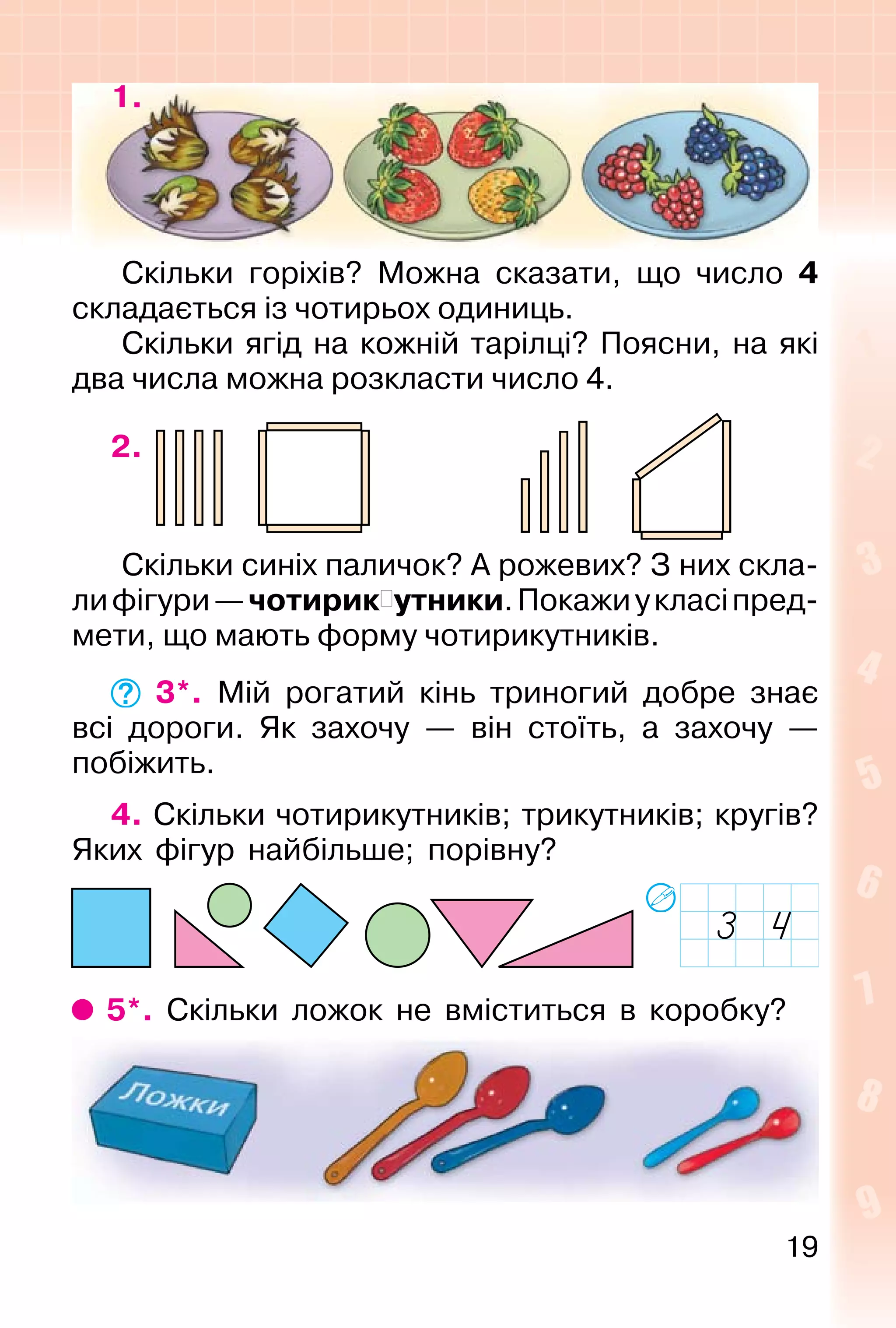 19
1.
Скільки горіхів? Можна сказати, що число 4
складається із чотирьох одиниць.
Скільки ягід на кожній тарілці? Поясни, на які
два числа можна розкласти число 4.
2.
Скільки синіх паличок? А рожевих? З них скла-
лифігури—чотирик�утники.Покажиукласіпред-
мети, що мають форму чотирикутників.
3*. Мій рогатий кінь триногий добре знає
всі дороги. Як захочу — він стоїть, а захочу —
побіжить.
4. Скільки чотирикутників; трикутників; кругів?
Яких фігур найбільше; порівну?
5*. Скільки ложок не вміститься в коробку?
 