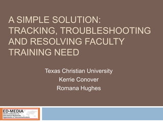 A Simple Solution: Tracking, Troubleshooting and Resolving Faculty Training Need Texas Christian University Kerrie Conover Romana Hughes 