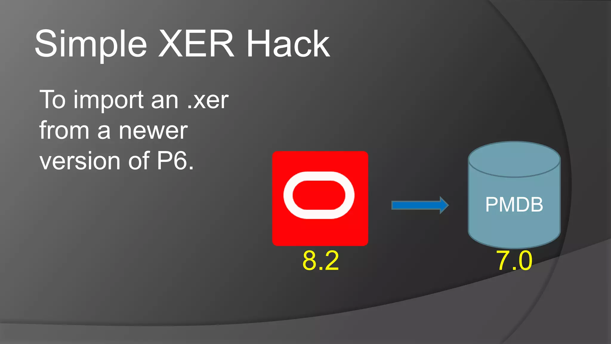 Simple XER Hack
To import an .xer
from a newer
version of P6.
8.2
PMDB
7.0
 