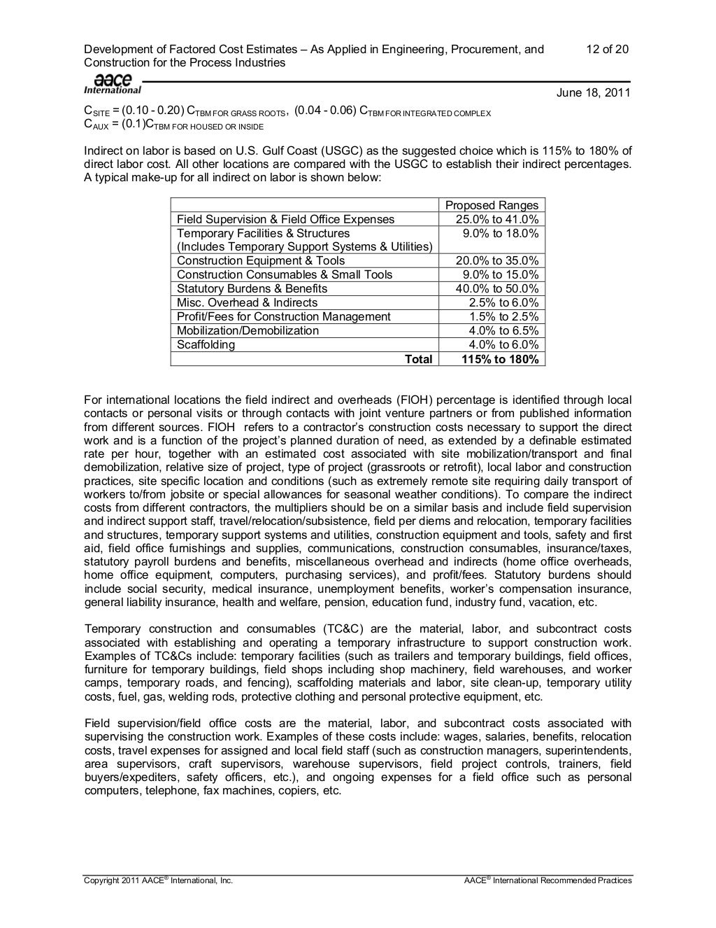 Aace factored cost estimation