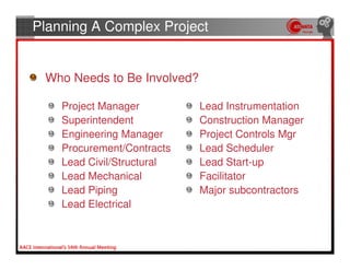 Planning A Complex Project


 Who Needs to Be Involved?

    Project Manager          Lead Instrumentation
    Superintendent           Construction Manager
    Engineering Manager      Project Controls Mgr
    Procurement/Contracts    Lead Scheduler
    Lead Civil/Structural    Lead Start-up
    Lead Mechanical          Facilitator
    Lead Piping              Major subcontractors
    Lead Electrical
 