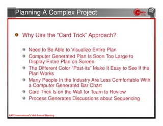 Planning A Complex Project


  Why Use the “Card Trick” Approach?

    Need to Be Able to Visualize Entire Plan
    Computer Generated Plan Is Soon Too Large to
    Display Entire Plan on Screen
    The Different Color “Post-its” Make It Easy to See If the
    Plan Works
    Many People In the Industry Are Less Comfortable With
    a Computer Generated Bar Chart
    Card Trick Is on the Wall for Team to Review
    Process Generates Discussions about Sequencing
 