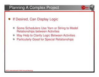 Planning A Complex Project

 If Desired, Can Display Logic

   Some Schedulers Use Yarn or String to Model
   Relationships between Activities
   May Help to Clarify Logic Between Activities
   Particularly Good for Special Relationships
 