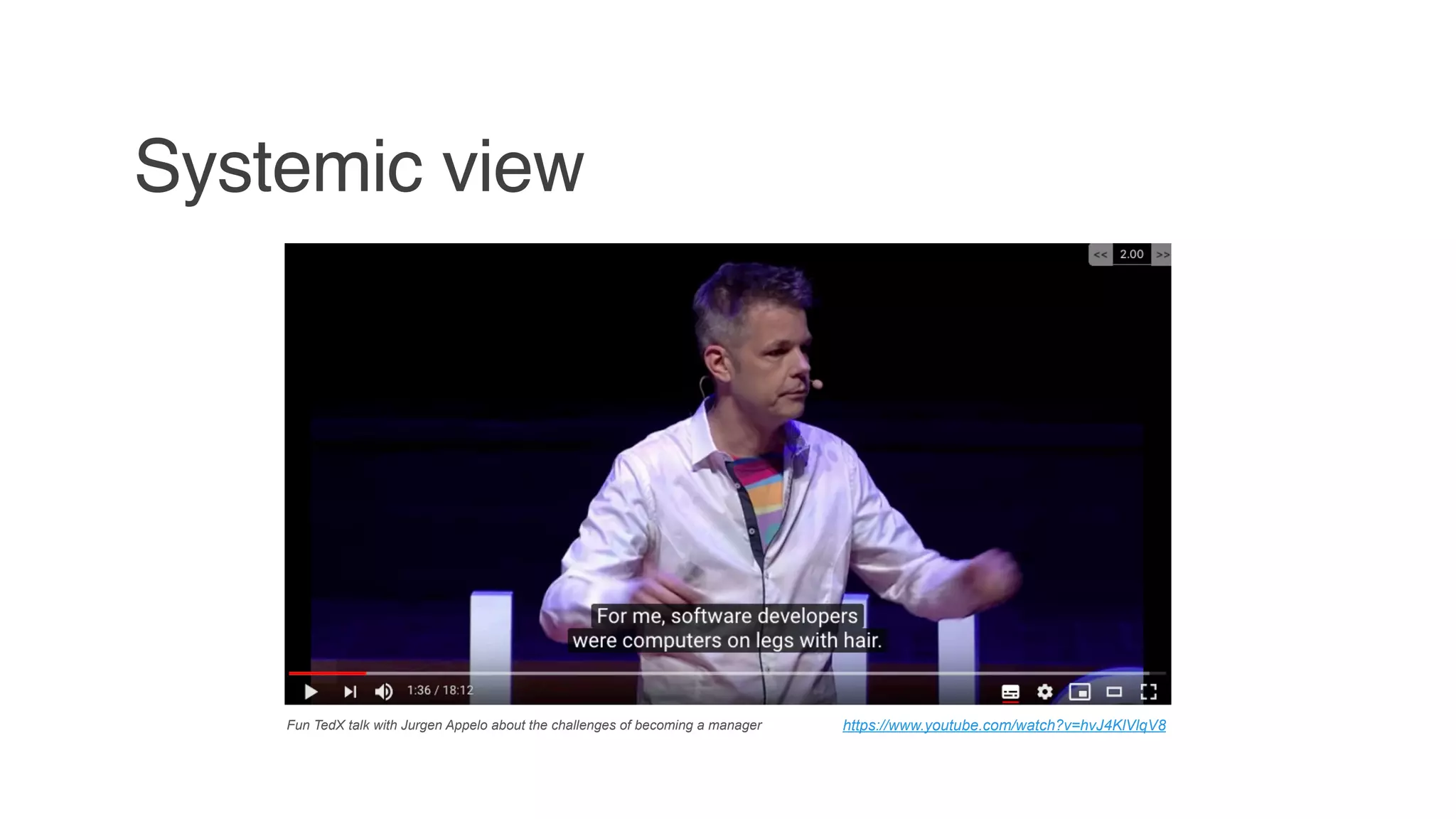 Systemic view
https://www.youtube.com/watch?v=hvJ4KlVlqV8Fun TedX talk with Jurgen Appelo about the challenges of becoming a manager
 