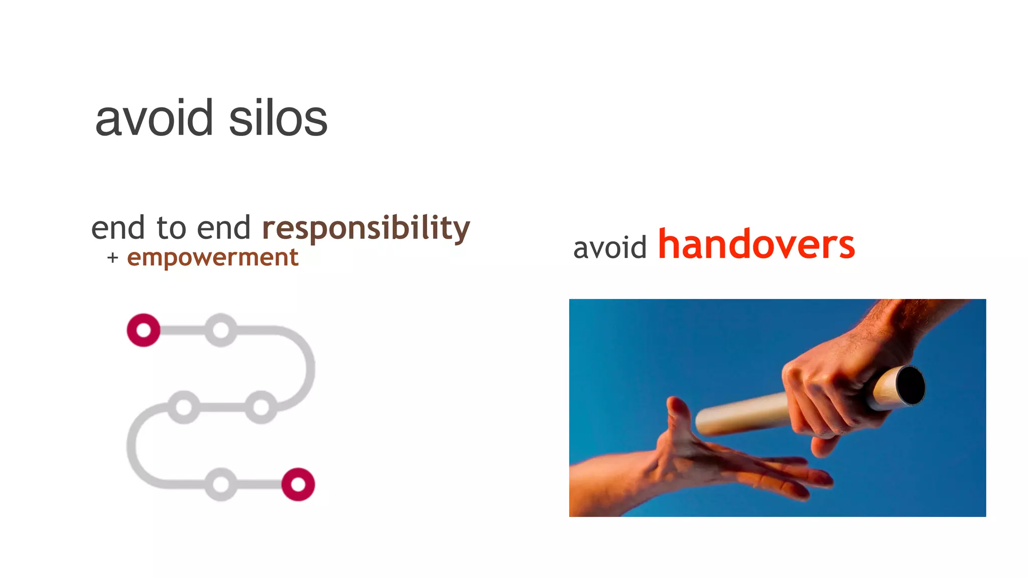 avoid silos
end to end responsibility
avoid handovers+ empowerment
 