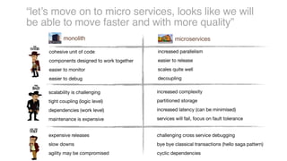 “let’s move on to micro services, looks like we will
be able to move faster and with more quality”
cohesive unit of code 

components designed to work together

easier to monitor

easier to debug
scalability is challenging

tight coupling (logic level)

dependencies (work level)

maintenance is expensive
expensive releases

slow downs

agility may be compromised
increased parallelism

easier to release

scales quite well

decoupling
increased complexity

partitioned storage

increased latency (can be minimised)

services will fail, focus on fault tolerance
challenging cross service debugging

bye bye classical transactions (hello saga pattern) 

cyclic dependencies
monolith microservices
 