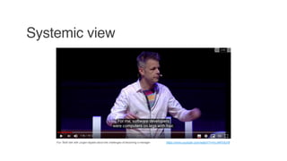 Systemic view
https://www.youtube.com/watch?v=hvJ4KlVlqV8Fun TedX talk with Jurgen Appelo about the challenges of becoming a manager
 