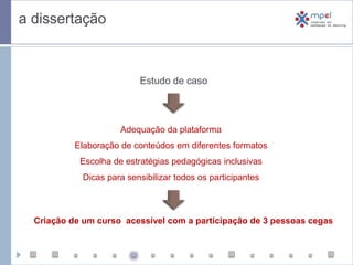  a dissertaçãoEstudo de casoAdequação da plataformaElaboração de conteúdos em diferentes formatosEscolha de estratégias pedagógicas inclusivasDicas para sensibilizar todos os participantesCriação de um curso  acessível com a participação de 3 pessoas cegas