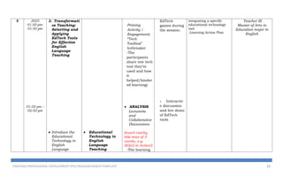 3 2025
01:30 pm-
01:50 pm
01:50 pm –
02:50 pm
3. Transformati
ve Teaching:
Selecting and
Applying
EdTech Tools
for Effective
English
Language
Teaching
 Introduce the
Educational
Technology in
English
Language
 Educational
Technology in
English
Language
Teaching
Priming
Activity /
Engagement:
“Tech
Toolbox”
Icebreaker
-The
participants
share one tech
tool they’ve
used and how
it
helped/hinder
ed learning)
 ANALYSIS
Lecturette
and
Collaborative
Discussions
[insert catchy
title max of 3
words, e.g.
SOLO in Action!]
-The learning
EdTech
games during
the session.
- Interactiv
e discussion
and live demo
of EdTech
tools
integrating a specific
educational technology
tool
-Learning Action Plan
Teacher III
Master of Arts in
Education major in
English
PROPOSED PROFESSIONAL DEVELOPMENT (PD) PROGRAM DESIGN TEMPLATE 11
 