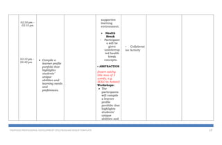 02:50 pm –
03:10 pm
03:10 pm –
04:40 pm
 Compile a
learner profile
portfolio that
highlights
students’
unique
abilities and
learning needs
and
preferences.
supportive
learning
environment.
 Health
Break
- Participant
s will be
given
uninterrup
ted health
break
concepts.
 ABSTRACTION
[insert catchy
title max of 3
words, e.g.
SOLO in Action!]
Workshops:
 The
participants
will compile
a learner
profile
portfolio that
highlights
students’
unique
abilities and
- Collaborat
ive Activity
PROPOSED PROFESSIONAL DEVELOPMENT (PD) PROGRAM DESIGN TEMPLATE 17
 
