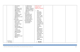 02:50 pm –
03:10 pm
classroom-
based
strategies and
approaches to
effectively
support and
engage
students with
disabilities,
giftedness, and
talents
Develop
inclusive lesson
plans and
classroom
activities that
provide
appropriate
accommodation
s and
enrichment
opportunities
for learners
with
disabilities,
giftedness, and
talents
to effectively
support and
engage students
with disabilities,
giftedness, and
talents
-Tools and
techniques for
implementing
instruction for
students with
exceptionalities
-Incorporating
Technology in
instruction
title max of 3
words, e.g.
SOLO in Action!]
- The
learning
facilitator
will talk
about: The
main ideas
behind
inclusive
teaching
Classroom
strategies to
support and
involve
students
with
disabilities,
giftedness,
and talents
Tools and
methods for
teaching
students
with special
needs
effectively.
 Health
PROPOSED PROFESSIONAL DEVELOPMENT (PD) PROGRAM DESIGN TEMPLATE 20
 