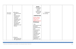 03:10 pm –
04:40 pm
Develop a
detailed lesson
plan
incorporating
responsive
teaching
strategies that
address the
needs of
learners with
disabilities,
giftedness, and
talents
 Express
appreciation for
the importance
Break
- Participant
s will be
given
uninterrup
ted health
break
-
 ABSTRACTION
[insert catchy
title max of 3
words, e.g.
SOLO in Action!]
Workshops:
-The
participants will
develop a
detailed lesson
plan
incorporating
responsive
teaching
strategies that
address the
needs of
learners with
disabilities,
giftedness, and
- Collaborat
ive Activity
PROPOSED PROFESSIONAL DEVELOPMENT (PD) PROGRAM DESIGN TEMPLATE 21
 