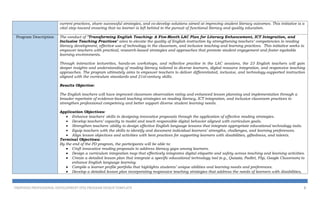 current practices, share successful strategies, and co-develop solutions aimed at improving student literacy outcomes. This initiative is a
vital step toward ensuring that no learner is left behind in the pursuit of functional literacy and quality education.
Program Description The conduct of "Transforming English Teaching: A Five-Month LAC Plan for Literacy Enhancement, ICT Integration, and
Inclusive Teaching Practices" aims to elevate the quality of English instruction by strengthening teachers’ competencies in reading
literacy development, effective use of technology in the classroom, and inclusive teaching and learning practices. This initiative seeks to
empower teachers with practical, research-based strategies and approaches that promote student engagement and foster equitable
learning environments.
Through interactive lecturettes, hands-on workshops, and reflective practice in the LAC sessions, the 23 English teachers will gain
deeper insights and understanding of reading literacy tailored to diverse learners, digital resource integration, and responsive teaching
approaches. The program ultimately aims to empower teachers to deliver differentiated, inclusive, and technology-supported instruction
aligned with the curriculum standards and 21st-century skills.
Results Objective:
The English teachers will have improved classroom observation rating and enhanced lesson planning and implementation through a
broader repertoire of evidence-based teaching strategies on reading literacy, ICT integration, and inclusive classroom practices to
strengthen professional competency and better support diverse student learning needs.
Application Objectives:
 Enhance teachers' skills in designing innovative proposals through the application of effective reading strategies.
 Develop teachers’ capacity to model and teach responsible digital behavior aligned with curriculum goals.
 Strengthen teachers' ability to design effective English language lessons that integrate appropriate educational technology tools.
 Equip teachers with the skills to identify and document individual learners’ strengths, challenges, and learning preferences.
 Align lesson objectives and activities with best practices for supporting learners with disabilities, giftedness, and talents.
Terminal Objectives:
By the end of the PD program, the participants will be able to:
 Craft innovative reading proposals to address literacy gaps among learners.
 Design a curriculum integration map that effectively integrates digital etiquette and safety across teaching and learning activities.
 Create a detailed lesson plan that integrate a specific educational technology tool (e.g., Quizziz, Padlet, Flip, Google Classroom) to
enhance English language learning.
 Compile a learner profile portfolio that highlights students’ unique abilities and learning needs and preferences.
 Develop a detailed lesson plan incorporating responsive teaching strategies that address the needs of learners with disabilities,
PROPOSED PROFESSIONAL DEVELOPMENT (PD) PROGRAM DESIGN TEMPLATE 3
 