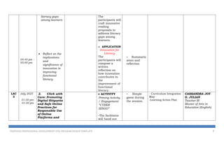 04:40 pm –
05:00 pm
literacy gaps
among learners
 Reflect on the
implications
and
significance of
innovation in
improving
functional
literacy
The
participants will
craft innovative
reading
proposals to
address literacy
gaps among
learners.
 APPLICATION
Innovation for
Literacy
The
participants will
compose a
written
reflection on
how innovation
contributes to
the
improvement of
functional
literacy.
- Summariz
ation and
reflection
LAC
2
July 2025
01:30 pm-
01:50 pm
2. Click with
Care: Promoting
Digital Etiquette
and Safe Online
Practices for
Responsible Use
of Online
Platforms and
 ACTIVITY
Priming Activity
/ Engagement:
“CYBER
BINGO”
-The facilitator
will hand out
- Simple
game during
the session.
- Curriculum Integration
Map
-Learning Action Plan
CASSANDRA JOY
G. JULIAN
Teacher III
Master of Arts in
Education (English)
PROPOSED PROFESSIONAL DEVELOPMENT (PD) PROGRAM DESIGN TEMPLATE 7
 