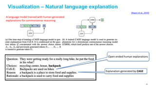 Visualization – Natural language explanation
[Rajani et al., 2019]
A language model trained with human generated
explanations for commonsense reasoning
Open-ended human explanations
Explanation generated by CAGE
109
 