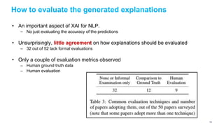 How to evaluate the generated explanations
• An important aspect of XAI for NLP.
– No just evaluating the accuracy of the predictions
• Unsurprisingly, little agreement on how explanations should be evaluated
– 32 out of 52 lack formal evaluations
• Only a couple of evaluation metrics observed
– Human ground truth data
– Human evaluation
122
 