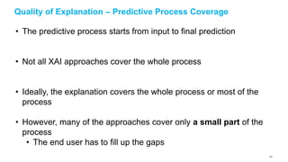 Quality of Explanation – Predictive Process Coverage
• The predictive process starts from input to final prediction
• Not all XAI approaches cover the whole process
• Ideally, the explanation covers the whole process or most of the
process
• However, many of the approaches cover only a small part of the
process
• The end user has to fill up the gaps
127
 