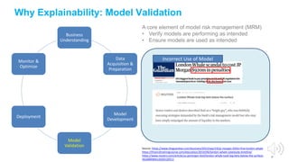 21
Why Explainability: Model Validation
Business
Understanding
Data
Acquisition &
Preparation
Model
Development
Model
Validation
Deployment
Monitor &
Optimize
A core element of model risk management (MRM)
• Verify models are performing as intended
• Ensure models are used as intended
Source: https://www.theguardian.com/business/2013/sep/19/jp-morgan-920m-fine-london-whale
https://financetrainingcourse.com/education/2014/04/london-whale-casestudy-timeline/
https://www.reuters.com/article/us-jpmorgan-iksil/london-whale-took-big-bets-below-the-surface-
idUSBRE84A12620120511
Incorrect Use of Model
 