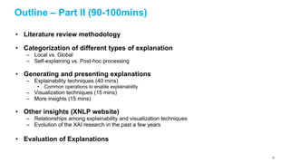 Outline – Part II (90-100mins)
• Literature review methodology
• Categorization of different types of explanation
– Local vs. Global
– Self-explaining vs. Post-hoc processing
• Generating and presenting explanations
– Explainability techniques (40 mins)
• Common operations to enable explainability
– Visualization techniques (15 mins)
– More insights (15 mins)
• Other insights (XNLP website)
– Relationships among explainability and visualization techniques
– Evolution of the XAI research in the past a few years
• Evaluation of Explanations
38
 