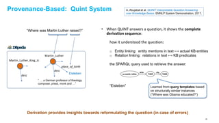 Provenance-Based: Quint System A. Abujabal et al. QUINT: Interpretable Question Answering
over Knowledge Bases. EMNLP System Demonstration, 2017.
• When QUINT answers a question, it shows the complete
derivation sequence:
how it understood the question:
o Entity linking: entity mentions in text ⟼ actual KB entities
o Relation linking: relations in text ⟼ KB predicates
the SPARQL query used to retrieve the answer:
“Eisleben”
“Where was Martin Luther raised?”
place_of_birth
Martin_Luther
“ … a German professor of theology,
composer, priest, monk and …”
desc
Martin_Luther_King_Jr.
desc
Learned from query templates based
on structurally similar instances
(“Where was Obama educated?”)
Eisleben
Derivation provides insights towards reformulating the question (in case of errors)
69
 