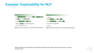 Example: Explanability for NLP
Source: Outpatient Text Classification Using Attention-Based Bidirectional LSTM for Robot-A...