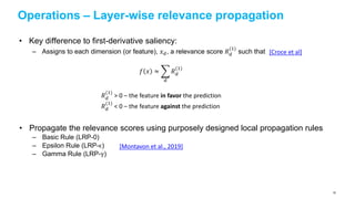 Operations – Layer-wise relevance propagation
• Key difference to first-derivative saliency:
– Assigns to each dimension (...