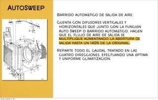 AutoSweep
                            Barrido automático de salida de aire.

                            Cuenta con difusores verticales y
                             horizontales que junto con la función
                             Auto Sweep o barrido automático, hacen
                             que el flujo de aire de salida se
                             multiplique aumentando la abertura de
                             salida hasta un 140% de la original.

                            Reparte todo el caudal tratado en las
                             cuatro direcciones, efectuando una óptima
                             y uniforme climatizacion.




Monday, December 12, 2011
 