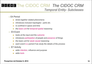The CIDOC CRM 
Paveprime Ltd October 8, 2014 
18 
The CIDOC CRM Temporal Entity- Subclasses 
E4 Period 
 binds together related phenomena 
 introduces inclusion topologies - parts etc. 
 Is confined in space and time 
 the basic unit for temporal-spatial reasoning 
 E5 Event 
 looks at the input and the outcome 
 introduces participation of people and presence of things 
 the basic unit for weak causal reasoning 
 each event is a period if we study the details of the process 
 E7 Activity 
 adds intention, influence and purpose 
 adds tools  
