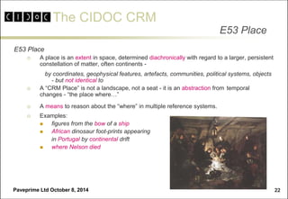 The CIDOC CRM 
Paveprime Ltd October 8, 2014 
22 
E53 Place 
E53 Place 
A place is an extent in space, determined diachronically with regard to a larger, persistent constellation of matter, often continents - 
by coordinates, geophysical features, artefacts, communities, political systems, objects - but not identical to 
A “CRM Place” is not a landscape, not a seat - it is an abstraction from temporal changes - “the place where…” 
A means to reason about the “where” in multiple reference systems. 
Examples: 
figures from the bow of a ship 
African dinosaur foot-prints appearing 
in Portugal by continental drift 
where Nelson died 
 