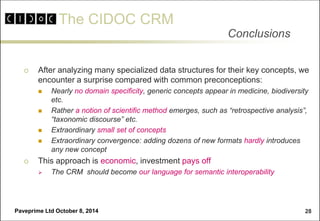 The CIDOC CRM 
Paveprime Ltd October 8, 2014 
28 
After analyzing many specialized data structures for their key concepts, we encounter a surprise compared with common preconceptions: 
Nearly no domain specificity, generic concepts appear in medicine, biodiversity etc. 
Rather a notion of scientific method emerges, such as “retrospective analysis”, “taxonomic discourse” etc. 
Extraordinary small set of concepts 
Extraordinary convergence: adding dozens of new formats hardly introduces any new concept 
This approach is economic, investment pays off 
The CRM should become our language for semantic interoperability 
Conclusions  