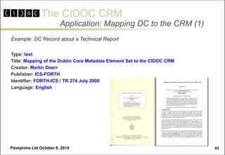 The CIDOC CRM 
Paveprime Ltd October 8, 2014 
44 
Application: Mapping DC to the CRM (1) 
Example: DC Record about a Technical Report 
Type: text 
Title: Mapping of the Dublin Core Metadata Element Set to the CIDOC CRM 
Creator: Martin Doerr 
Publisher: ICS-FORTH 
Identifier: FORTH-ICS / TR 274 July 2000 
Language: English 
 