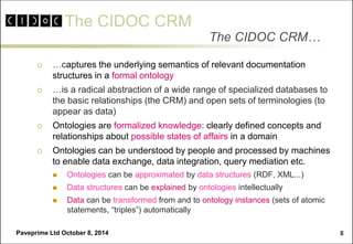 The CIDOC CRM 
Paveprime Ltd October 8, 2014 
8 
…captures the underlying semantics of relevant documentation structures in a formal ontology 
…is a radical abstraction of a wide range of specialized databases to the basic relationships (the CRM) and open sets of terminologies (to appear as data) 
Ontologies are formalized knowledge: clearly defined concepts and relationships about possible states of affairs in a domain 
Ontologies can be understood by people and processed by machines to enable data exchange, data integration, query mediation etc. 
Ontologies can be approximated by data structures (RDF, XML...) 
Data structures can be explained by ontologies intellectually 
Data can be transformed from and to ontology instances (sets of atomic statements, “triples”) automatically 
The CIDOC CRM…  