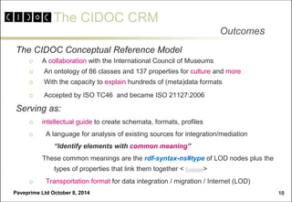 The CIDOC CRM 
Paveprime Ltd October 8, 2014 
10 
Outcomes 
The CIDOC Conceptual Reference Model 
A collaboration with th...