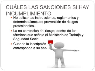 CUÁLES LAS SANCIONES SI HAY
INCUMPLIMIENTO
 No aplicar las instrucciones, reglamentos y
determinaciones de prevención de riesgos
profesionales.
 La no corrección del riesgo, dentro de los
términos que señale el Ministerio de Trabajo y
Seguridad Social.
 Cuando la inscripción del trabajador no
corresponda a su base de cotización real.
 
