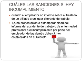 CUÁLES LAS SANCIONES SI HAY
INCUMPLIMIENTO
 cuando el empleador no informe sobre el traslado
de un afiliado a un lugar diferente de trabajo.
 La no presentación o extemporaneidad del
informe del accidente de trabajo o de enfermedad
profesional o el incumplimiento por parte del
empleador de las demás obligaciones
establecidas en el Decreto
 