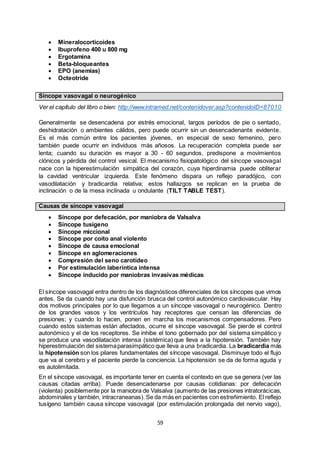 59
 Mineralocorticoides
 Ibuprofeno 400 u 800 mg
 Ergotamina
 Beta-bloqueantes
 EPO (anemias)
 Octeotride
Síncope vasovagal o neurogénico
Ver el capítulo del libro o bien: http://www.intramed.net/contenidover.asp?contenidoID=87010
Generalmente se desencadena por estrés emocional, largos períodos de pie o sentado,
deshidratación o ambientes cálidos, pero puede ocurrir sin un desencadenante evidente.
Es el más común entre los pacientes jóvenes, en especial de sexo femenino, pero
también puede ocurrir en individuos más añosos. La recuperación completa puede ser
lenta; cuando su duración es mayor a 30 - 60 segundos, predispone a movimientos
clónicos y pérdida del control vesical. El mecanismo fisiopatológico del síncope vasovagal
nace con la hiperestimulación simpática del corazón, cuya hiperdinamia puede obliterar
la cavidad ventricular izquierda. Este fenómeno dispara un reflejo paradójico, con
vasodilatación y bradicardia relativa; estos hallazgos se replican en la prueba de
inclinación o de la mesa inclinada u ondulante (TILT TABLE TEST).
Causas de síncope vasovagal
 Síncope por defecación, por maniobra de Valsalva
 Síncope tusígeno
 Síncope miccional
 Síncope por coito anal violento
 Síncope de causa emocional
 Síncope en aglomeraciones
 Compresión del seno carotídeo
 Por estimulación laberíntica intensa
 Síncope inducido por maniobras invasivas médicas
El síncope vasovagal entra dentro de los diagnósticos diferenciales de los síncopes que vimos
antes. Se da cuando hay una disfunción brusca del control autonómico cardiovascular. Hay
dos motivos principales por lo que llegamos a un síncope vasovagal o neurogénico. Dentro
de los grandes vasos y los ventrículos hay receptores que censan las diferencias de
presiones; y cuando lo hacen, ponen en marcha los mecanismos compensadores. Pero
cuando estos sistemas están afectados, ocurre el síncope vasovagal. Se pierde el control
autonómico y el de los receptores. Se inhibe el tono gobernado por del sistema simpático y
se produce una vasodilatación intensa (sistémica) que lleva a la hipotensión. También hay
hiperestimulación del sistemaparasimpático que lleva a una bradicardia. La bradicardia más
la hipotensión son los pilares fundamentales del síncope vasovagal. Disminuye todo el flujo
que va al cerebro y el paciente pierde la conciencia. La hipotensión se da de forma aguda y
es autolimitada.
En el síncope vasovagal, es importante tener en cuenta el contexto en que se genera (ver las
causas citadas arriba). Puede desencadenarse por causas cotidianas: por defecación
(violenta) posiblemente por la maniobra de Valsalva (aumento de las presiones intratorácicas,
abdominales y también, intracraneanas). Se da más en pacientes con estreñimiento. El reflejo
tusígeno también causa síncope vasovagal (por estimulación prolongada del nervio vago),
 