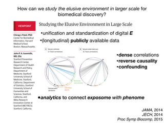 Studying the Elusive Environment in Large Scale
Itispossiblethatmorethan50%ofcomplexdiseaserisk
isattributedtodifferencesinanindividual’senvironment.1
Airpollution,smoking,anddietaredocumentedenviron-
mental factors affecting health, yet these factors are but
a fraction of the “exposome,” the totality of the exposure
loadoccurringthroughoutaperson’slifetime.1
Investigat-
ing one or a handful of exposures at a time has led to a
highly fragmented literature of epidemiologic associa-
tions. Much of that literature is not reproducible, and se-
lectivereportingmaybeamajorreasonforthelackofre-
producibility. A new model is required to discover
environmental exposures associated with disease while
mitigating possibilities of selective reporting.
Toremedythelackofreproducibilityandconcernsof
validity, multiple personal exposures can be assessed si-
multaneously in terms of their association with a condi-
tion or disease of interest; the strongest associations can
then be tentatively validated in independent data sets
(eg, as done in references 2 and 3).2,3
The main advan-
tages of this process include the ability to search the list
ofexposuresandadjustformultiplicitysystematicallyand
reportalltheprobedassociationsinsteadofonlythemost
significant results. The term “environment-wide associa-
tion studies” (EWAS) has been used to describe this ap-
proach (an analogy to genome-wide association stud-
ies).Forexample,Wangetal4
screenedmorethan2000
chemicalsinserumtodiscoverendogenousexposuresas-
sociated with risk for cardiovascular disease.
Therearenotablehurdlesinanalyzing“big”environ-
mental data. These same problems affect epidemiology
of1-risk-factor-at-a-time,butinEWAStheirprevalencebe-
comes more clearly manifest at large scale. When study-
the EWAS vantage point, intervening on β-carotene
(Figure, D) seems a futile exercise given its complex rela-
tionship with other nutrients and pollutants.
Giventhiscomplexity,howcanstudiesofenvironmen-
talriskmoveforward?First,EWASanalysesshouldbeap-
pliedtomultipledatasets,andconsistencycanbeformally
examinedforallassessedcorrelations.Second,thetempo-
ral relationship between exposure and changes in health
parametersmayofferhelpfulhintsaboutwhichofthesig-
nalsaremorethansimplecorrelations.Third,standardized
adjustedanalyses,inwhichadjustmentsareperformedsys-
tematicallyandinthesamewayacrossmultipledatasets,
may also help. This is in stark contrast with the current
model,wherebymostepidemiologicstudiesusesingledata
setswithoutreplicationaswellasnon–time-dependentas-
sessments,andreportedadjustmentsaremarkedlydiffer-
entacrossreportsanddatasets,eventhoseperformedby
thesameteam(differentapproachesincreasevaliditybut
mustbereconciledandassimilated).
However, eventually for most environmental cor-
relates,theremaybeunsurpassabledifficultyestablish-
ing potential causal inferences based on observational
data alone. Factors that seem protective may some-
times be tested in randomized trials. The complexity of
the multiple correlations also highlights the challenge
thatinterveningtomodify1putativeriskfactoralsomay
inadvertently affect multiple other correlated factors.
Even when a seemingly simple intervention is tested in
randomizedtrials(affectingasingleriskfactoramongthe
manycorrelations),theinterventionisnotreallysimple.
In essence what is tested are multiple perturbations of
factors correlated with the one targeted for interven-
VIEWPOINT
Chirag J. Patel, PhD
Center for Biomedical
Informatics, Harvard
Medical School,
Boston, Massachusetts.
John P. A. Ioannidis,
MD, DSc
Stanford Prevention
Research Center,
Department of Health
Research and Policy,
Department of
Medicine, Stanford
University School of
Medicine, Stanford,
California, Department
of Statistics, Stanford
University School of
Humanities and
Sciences, Stanford,
California, and
Meta-Research
Innovation Center at
Stanford (METRICS),
Stanford, California.
Opinion
JAMA, 2014
JECH, 2014
Proc Symp Biocomp, 2015
How can we study the elusive environment in larger scale for
biomedical discovery?
Studying the Elusive Environment in Large Scale
Itispossiblethatmorethan50%ofcomplexdiseaserisk
isattributedtodifferencesinanindividual’senvironment.1
Airpollution,smoking,anddietaredocumentedenviron-
mental factors affecting health, yet these factors are but
a fraction of the “exposome,” the totality of the exposure
loadoccurringthroughoutaperson’slifetime.1
Investigat-
ing one or a handful of exposures at a time has led to a
highly fragmented literature of epidemiologic associa-
tions. Much of that literature is not reproducible, and se-
lectivereportingmaybeamajorreasonforthelackofre-
producibility. A new model is required to discover
environmental exposures associated with disease while
mitigating possibilities of selective reporting.
Toremedythelackofreproducibilityandconcernsof
validity, multiple personal exposures can be assessed si-
multaneously in terms of their association with a condi-
tion or disease of interest; the strongest associations can
then be tentatively validated in independent data sets
(eg, as done in references 2 and 3).2,3
The main advan-
tages of this process include the ability to search the list
ofexposuresandadjustformultiplicitysystematicallyand
reportalltheprobedassociationsinsteadofonlythemost
significant results. The term “environment-wide associa-
tion studies” (EWAS) has been used to describe this ap-
the EWAS vantage point, intervening on β-carotene
(Figure, D) seems a futile exercise given its complex rela-
tionship with other nutrients and pollutants.
Giventhiscomplexity,howcanstudiesofenvironmen-
talriskmoveforward?First,EWASanalysesshouldbeap-
pliedtomultipledatasets,andconsistencycanbeformally
examinedforallassessedcorrelations.Second,thetempo-
ral relationship between exposure and changes in health
parametersmayofferhelpfulhintsaboutwhichofthesig-
nalsaremorethansimplecorrelations.Third,standardized
adjustedanalyses,inwhichadjustmentsareperformedsys-
tematicallyandinthesamewayacrossmultipledatasets
may also help. This is in stark contrast with the current
model,wherebymostepidemiologicstudiesusesingledata
setswithoutreplicationaswellasnon–time-dependentas-
sessments,andreportedadjustmentsaremarkedlydiffer-
entacrossreportsanddatasets,eventhoseperformedby
thesameteam(differentapproachesincreasevaliditybut
mustbereconciledandassimilated).
However, eventually for most environmental cor-
relates,theremaybeunsurpassabledifficultyestablish-
ing potential causal inferences based on observationa
data alone. Factors that seem protective may some-
times be tested in randomized trials. The complexity of
VIEWPOINT
Chirag J. Patel, PhD
Center for Biomedical
Informatics, Harvard
Medical School,
Boston, Massachusetts.
John P. A. Ioannidis,
MD, DSc
Stanford Prevention
Research Center,
Department of Health
Research and Policy,
Department of
Medicine, Stanford
University School of
Medicine, Stanford,
California, Department
of Statistics, Stanford
University School of
Humanities and
Sciences, Stanford,
California, and
Meta-Research
Innovation Center at
Stanford (METRICS),
Stanford, California.
Opinion
•uniﬁcation and standardization of digital E
High-throughputascertainmentofendogenousindicatorsofen-
vironmentalexposurethatmayreflecttheexposomeincreasinglyat-
tractattention,andtheirperformanceneedstobecarefullyevaluated.
These include chemical detection of indicators of exposure through
metabolomics, proteomics, and biosensors.7
Eventually, patterns of
US federally funded gene expression experiment data be d
itedinpublicrepositoriessuchastheGeneExpressionOmnibu
repositoryhasbeeninstrumentalindevelopmentoftechnolo
measurement of gene expression, data standardization, and
ofdatafordiscovery.JustaswiththeGeneExpressionOmnib
Figure. Correlation Interdependency Globes for 4 Environmental Exposures (Cotinine, Mercury, Cadmium, Trans-β-Carotene) in National Healt
Nutrition Examination Survey (NHANES) Participants, 2003-2004
A Serum cotinine B Serum total mercury C Serum cadmium D Serum trans-β-carotene
37 Total correlations 42 Total correlations 68 Total correlations 68 Total correlations
Negative correlation Positive correl
Infectious
agents
Pollutants
Nutrients
and vitamins
Demographic
attributes
Eachcorrelationinterdependencyglobeincludes317environmentalexposures
representedbythenodesaroundtheperipheryoftheglobe.Pairwisecorrelations
aredepictedbyedges(lines)betweenthenodeofinterest(arrowhead)andother
nodes.Correlationswithabsolutevaluesexceeding0.2areshown(stronge
Thesizeofeachnodeisproportionaltothenumberofedgesforanode,and
thicknessofeachedgeindicatesthemagnitudeofthecorrelation.
Opinion Viewpoint
•analytics to connect exposome with phenome
•dense correlations

•reverse causality
•confounding
•(longitudinal) publicly available data
 