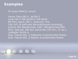 Examples
 CD Audio MARC21 record

 Dewey Class 082 0_ $a784.5
 Local Call # 090 $a784.5 TUR $bCD
 ME:Pers. Name 100 1_ $aTurner, Tina
 Title 245 10 $aPrivate dancer$h[sound recording].
 Imprint 260 $aHollywood, Calif. :$bCapitol,$cp1984.
 Phys. Descript. 300 $a1 sound disc (39 min., 31 sec.)
 :$ddigital ;$c4¾ in.
 Subj. Topical 650 _0 $aPopular music$zUnited States.
 Subj. Topical 650 _0 $aRock music$zUnited States.




                    Powerpoint Templates
                                                         Page 20
 