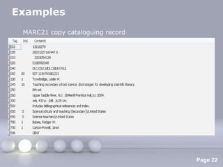 Examples
 MARC21 copy cataloguing record




                  Powerpoint Templates
                                         Page 22
 