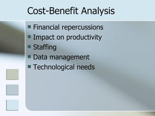 Cost-Benefit Analysis Financial repercussions Impact on productivity Staffing Data management Technological needs 