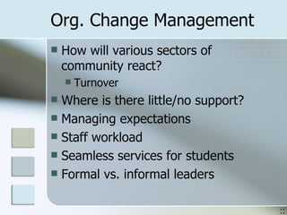 Org. Change Management How will various sectors of community react? Turnover Where is there little/no support? Managing expectations Staff workload  Seamless services for students Formal vs. informal leaders :: 