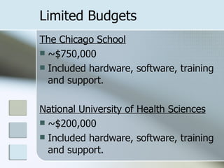 Limited Budgets The Chicago School ~$750,000 Included hardware, software, training and support. National University of Health Sciences ~$200,000 Included hardware, software, training and support. 