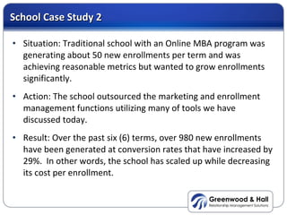 School Case Study 2 <ul><li>Situation: Traditional school with an Online MBA program was generating about 50 new enrollmen...