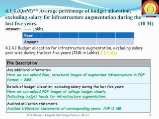 File Description
Any additional information
Here we can upload Plan, structural images of augmented infrastructure in PDF
format < 2MB.
Details of budget allocation, excluding salary during the last five years
Here we can upload PDF images of college budget clearly
Indicating budget heads for infrastructure augmentation.
Audited utilization statements
Audited Utilization statements of corresponding years. PDF<2 MB.
4.1.4 (QnM)** Average percentage of budget allocation,
excluding salary for infrastructure augmentation during the
last five years. (10 M)
Answer: ----- Lakhs.
4.1.4.1 Budget allocation for infrastructure augmentation, excluding salary
year wise during the last five years (INR in Lakhs) 4.1.4.xlsx
Year
Amount
8Prof. Bharat U. Kangude, BGC Sangvi Pune-27. (M. S.)
 