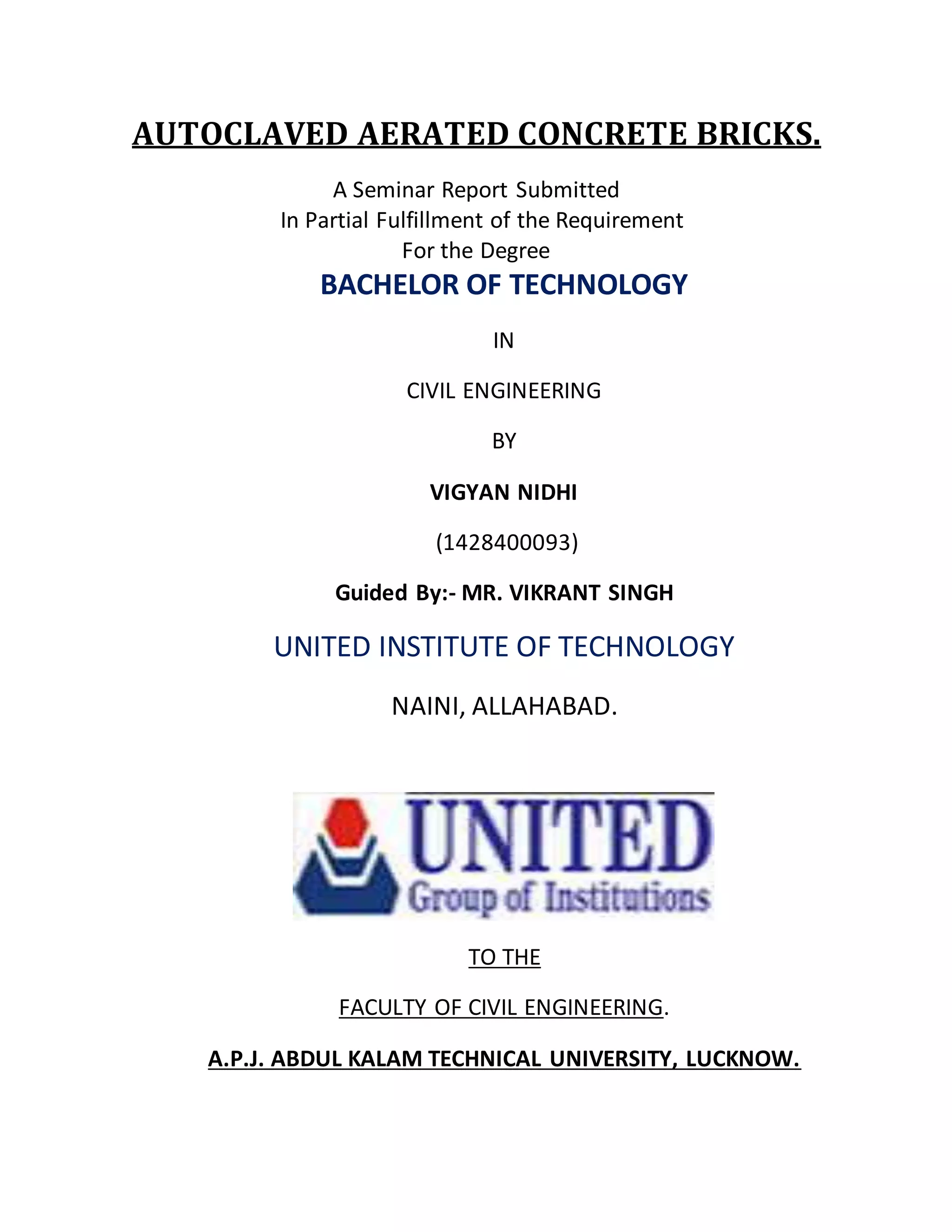 Autoclaved Aerated Concrete Bricks (AAC) Seminar Report. | DOCX