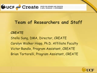 Team of Researchers and Staff CREATE Stella Sung, DMA, Director, CREATE Carolyn Walker Hopp, Ph.D. Affiliate Faculty Victor Randle, Program Assistant, CREATE Brian Tortorelli, Program Assistant, CREATE 