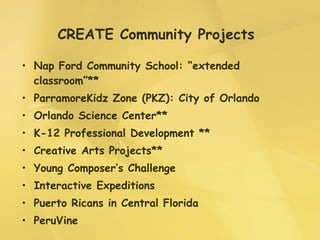 CREATE Community Projects Nap Ford Community School: “extended classroom”** ParramoreKidz Zone (PKZ): City of Orlando Orlando Science Center** K-12 Professional Development ** Creative Arts Projects** Young Composer’s Challenge Interactive Expeditions Puerto Ricans in Central Florida PeruVine 