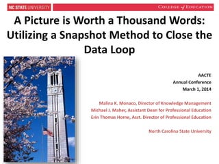 A Picture is Worth a Thousand Words:
Utilizing a Snapshot Method to Close the
Data Loop
AACTE
Annual Conference
March 1, 2014
Malina K. Monaco, Director of Knowledge Management
Michael J. Maher, Assistant Dean for Professional Education
Erin Thomas Horne, Asst. Director of Professional Education
North Carolina State University

 