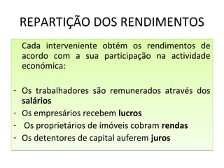REPARTIÇÃO DOS RENDIMENTOS
Cada interveniente obtém os rendimentos de
acordo com a sua participação na actividade
económica:
- Os trabalhadores são remunerados através dos
salários
- Os empresários recebem lucros
- Os proprietários de imóveis cobram rendas
- Os detentores de capital auferem juros
Cada interveniente obtém os rendimentos de
acordo com a sua participação na actividade
económica:
- Os trabalhadores são remunerados através dos
salários
- Os empresários recebem lucros
- Os proprietários de imóveis cobram rendas
- Os detentores de capital auferem juros
 